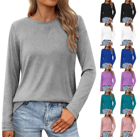 Trendsetting Women's Apparel Fashion Plus Size European And American Women's Temperament Solid Color Top Long Sleeved Round Neck Top/shirt