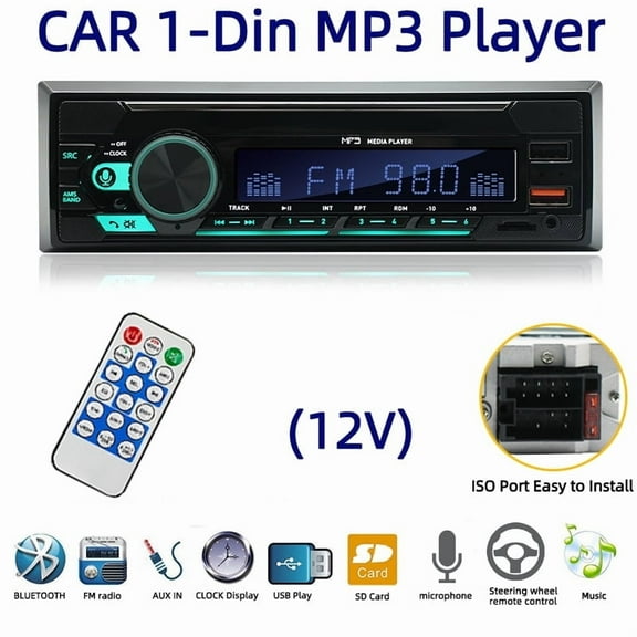Bluetooth Car Stereo USB/TF/AUX FM MP3 Player Microphone 1 Din Radio Hands-free Calls Remote Control 2 USB