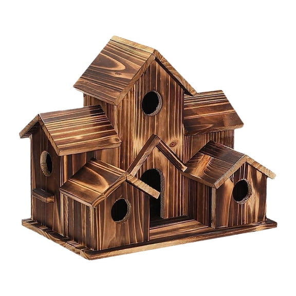 Brown 7.8x5.9x5.1 Inches Wood Bird House Outdoor 6‑Hole Hanging Birdhouse with Perches Weather Resistant Rustic Garden Décor for Cardinals Wrens Bluebirds Patio Yard Backyard Wildlife Habitat