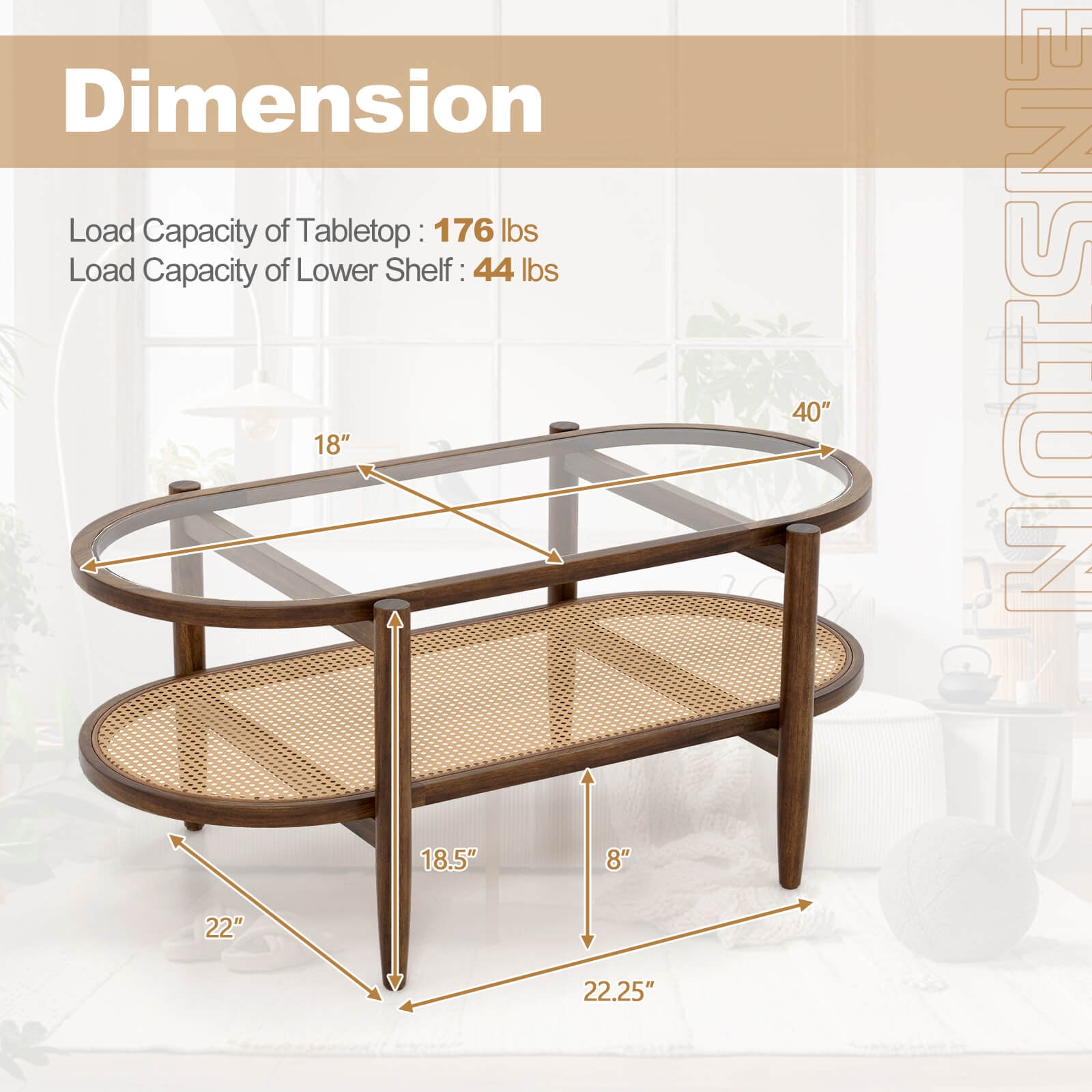 Costway 2-Tier Coffee Table Tempered Glass Top with PE Rattan Shelf & Acacia Wood Frame Brown