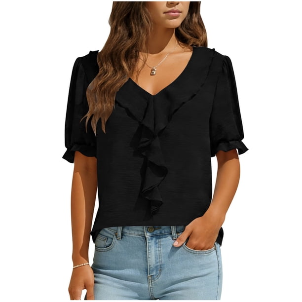 Camisas de Manga Corta para las Mujeres Blusa de Suéter de Cuello en V Casual para las Mujeres, Top de Estiramiento Suave para Uso Diario Y de Fiesta