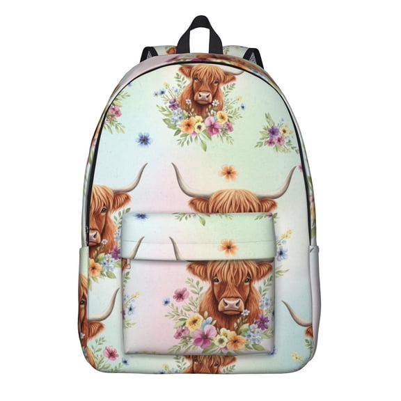 Highland Cow and Flower Print Backpack for School, Cute School Bag with Adjustable Shoulder Straps and Padded Back, 15.7"x11.8"x5.5"