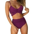 thumbnail image 2 of Women's Bikini Swimsuits Wrap Waist Two Piece V Neck Spaghetti Straps Bathing Suit High Waisted Trendy Cut Out Swimwear Purple,S, 2 of 7