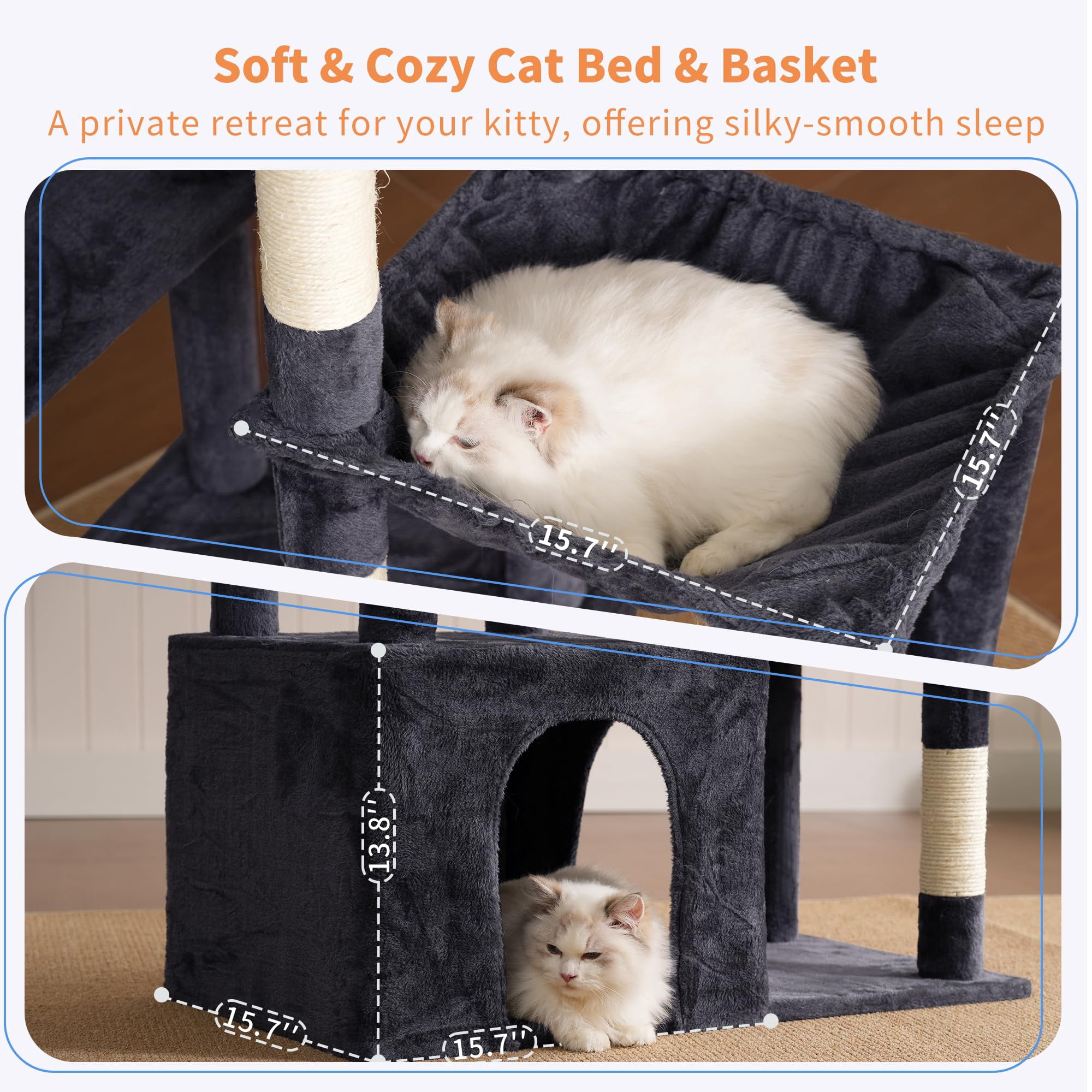 Heavy Duty Cat Tree  Tower For Indoor Cats Large Adult Tall Condo House With Extra-large Baseboard Multi-level Plush Furniture Posts Hammock Balls Smoky Gray Hct026g