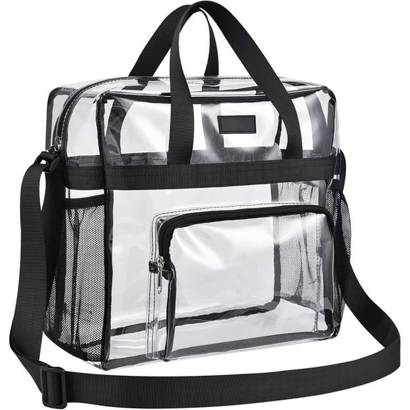 Bagenius Clear Bag for Stadium Use, Clear Bag 12x6x12 with Reinforced Strap, Clear Tote Bag for Sports Concerts Festivals Work - Black