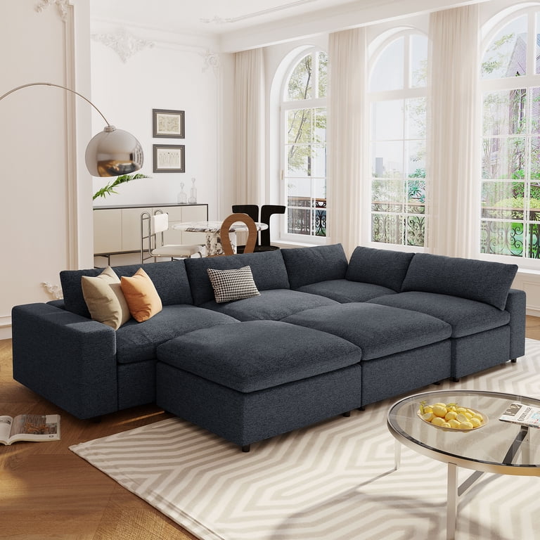 Modern Chenille Cloud Sofa – 4-Seater U-Shaped Sectional With 2 Ottomans – Deep Seats, Reversible Design, Easy Assembly, Black
