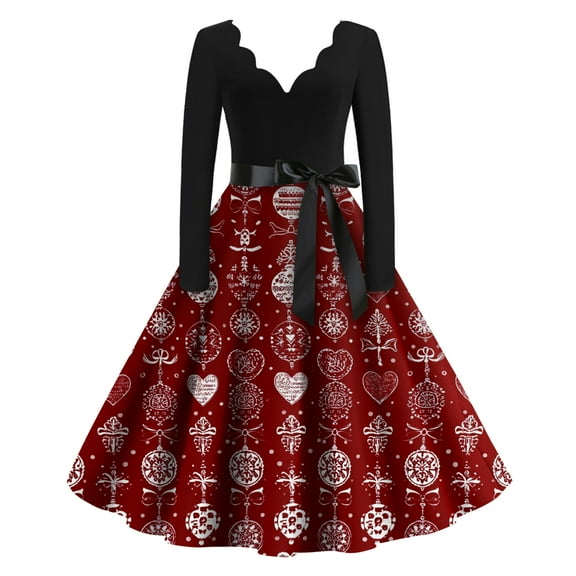 Women's Casual Fashion Christmas Holiday Print V-neck Vintage Dress for Retro Style and Party Occasions, Comfortable Women's Long Sleeve Holiday Dress,Wine,M