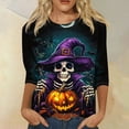 thumbnail image 2 of WTOBBY Women's Halloween Print Round Neck Fashion Top with 3/4 Sleeve, Casual Loose Fit Blouse for Fall Season, Comfortable Daily Wear and Holiday Apparel,Navy M, 2 of 5