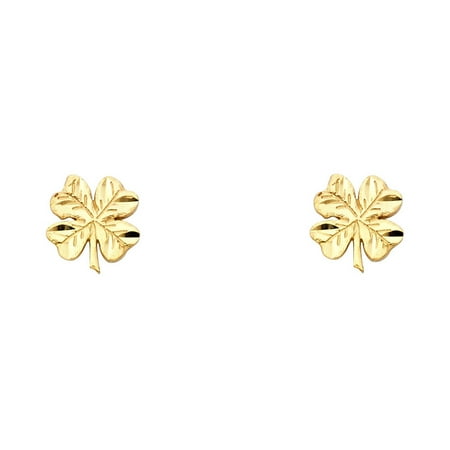 4 Leaf Clover Post Earrings - Clover Studs Earrings Solid 14k Yellow Gold Four Leaf Lucky Post Studs Good Luck Charm 10 x 8 mm
