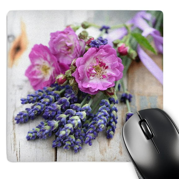 3dRose, Romantic Purple Rose Flowers And Lavender with Pink Bow, MousePad