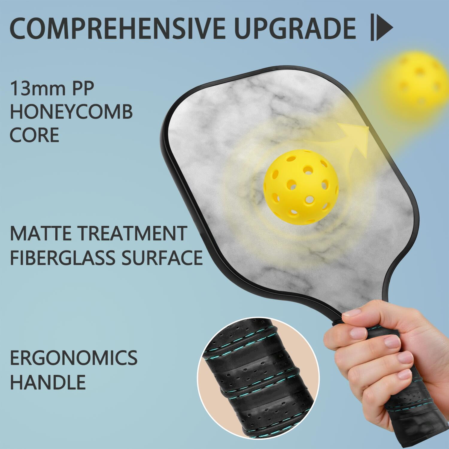 Pickleball Paddles Set Of 2, Fiberglass Surface, Turquoise Marble Pattern, 4 Balls & Bag