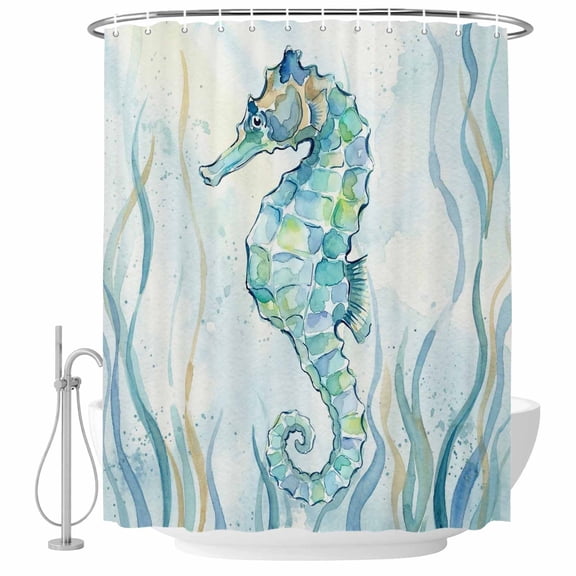 Shower Curtain Bathroom Set Watercolor Ocean Seahorse Waterproof Fabric Shower Curtains with Grommets&Hooks, Coastal Blue Green Seaweed Privacy Bath Curtain for Bathtub 36x72in
