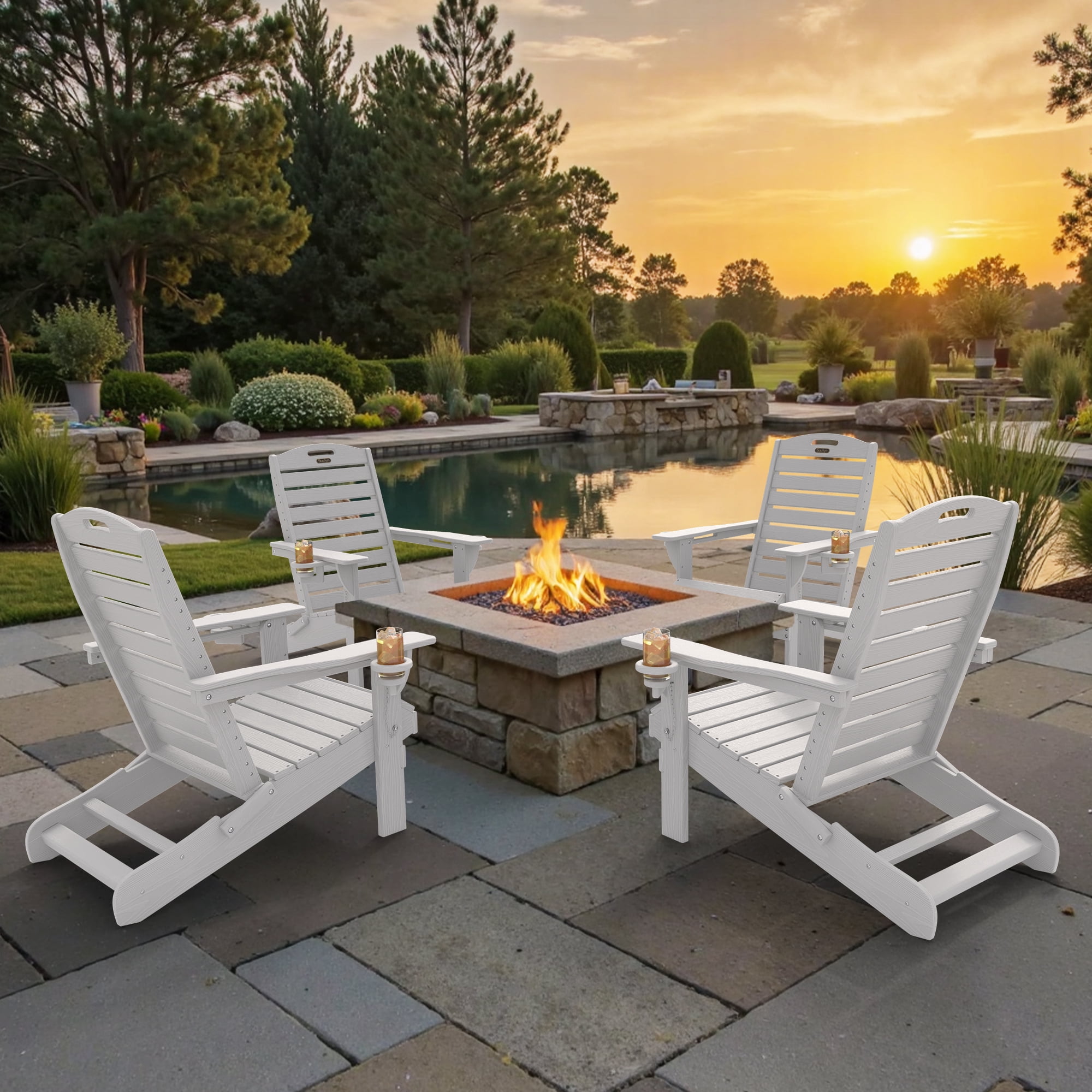 Folding HDPE Adirondack Chair, Weather Resistant Outdoor Fire Pit Patio Chair, White