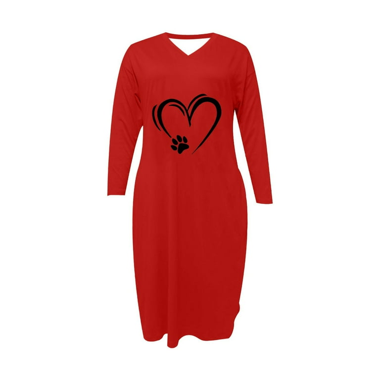 COSFO Red Dresses for Women Long Sleeve V-Neck Casual Love Heart Midi  Dresses with Pockets Loose Fit Plus Size A-Line Dresses - Walmart.com
