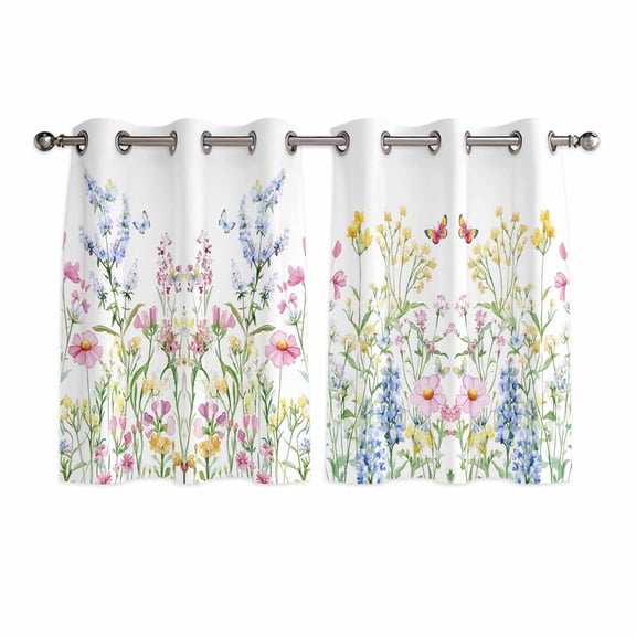 Spring Floral Kitchen Curtains Short 45 Inch Length, Colorful Watercolor Botanical Summer Grommet Top Bedroom Living Room Curtains, Light Filtering Cafe Curtain Drapes 2 Panels Set 84''x45''