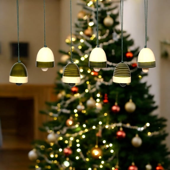 Natriel Handmade Wooden Christmas Bell Ornaments, Green and White Striped Hanging Decorations, Holiday Tree Decor, 1.5 x 5 Inch, 6 Pack