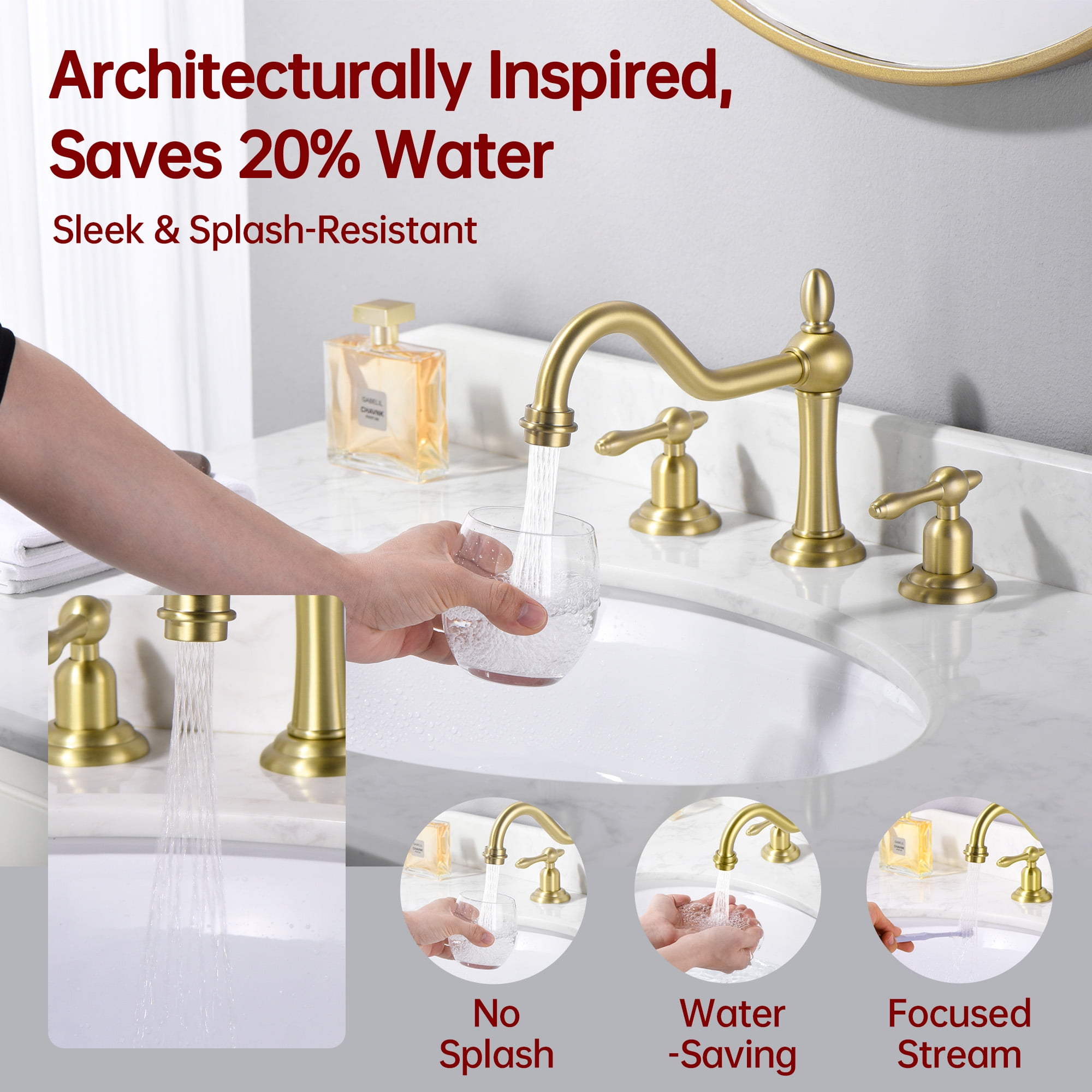 sumerain 3 Hole Bathroom Sink Faucet Brushed Gold, 8 Inch Widespread Bathroom Lavatory Faucet Two Handle