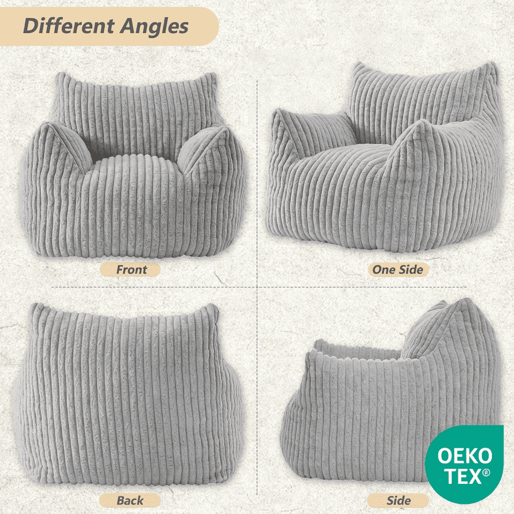 Ebenchico 3ft Bean Bag Chair for Adults Teens Kids with Armrests, Striped Fuzzy BeanBag Chairs with Filling, Light Gray