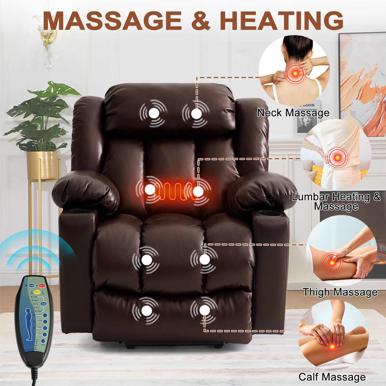 INGALIK Power Lift Recliner, Leather Electric Chair Recliners with Heating and Massage, Cup Holders, Storage, USB Charging (Brown)