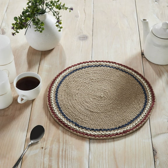 VHC Brands Patriotic Red Blue Ric Rac Placemat 14 Inch Diameter, Round, Primitive Fourth of July Place Mat, Independence Day Tabletop Decor