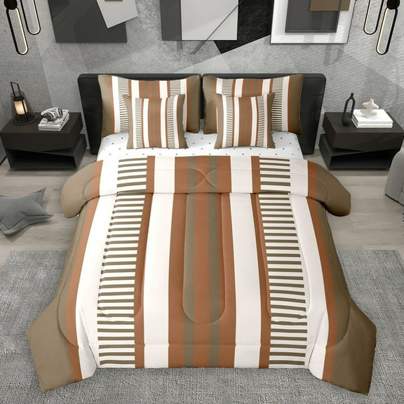 Homewish Geometric Stripes 7-Piece Twin Bedding Sets,Modern Abstract Geometric Bedding Comforter Set,Beige Brown Sheet Sets For Men Women,Super Cozy Room Decor Reversible