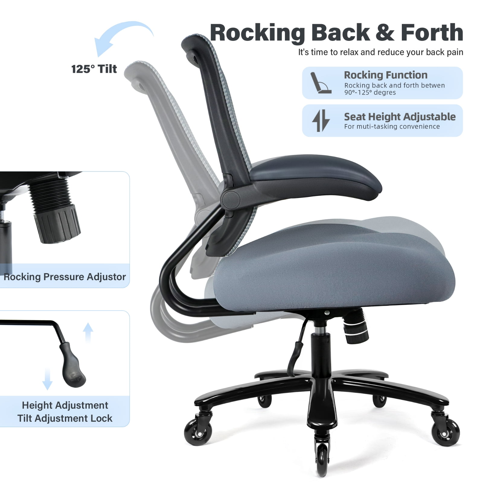 Big and Tall Office Chair 500 lbs, Heavy Duty Ergonomic Mesh Computer Chair with Wide Seat, Flip-up Armrests, Metal Base and Blade Wheels, Gray