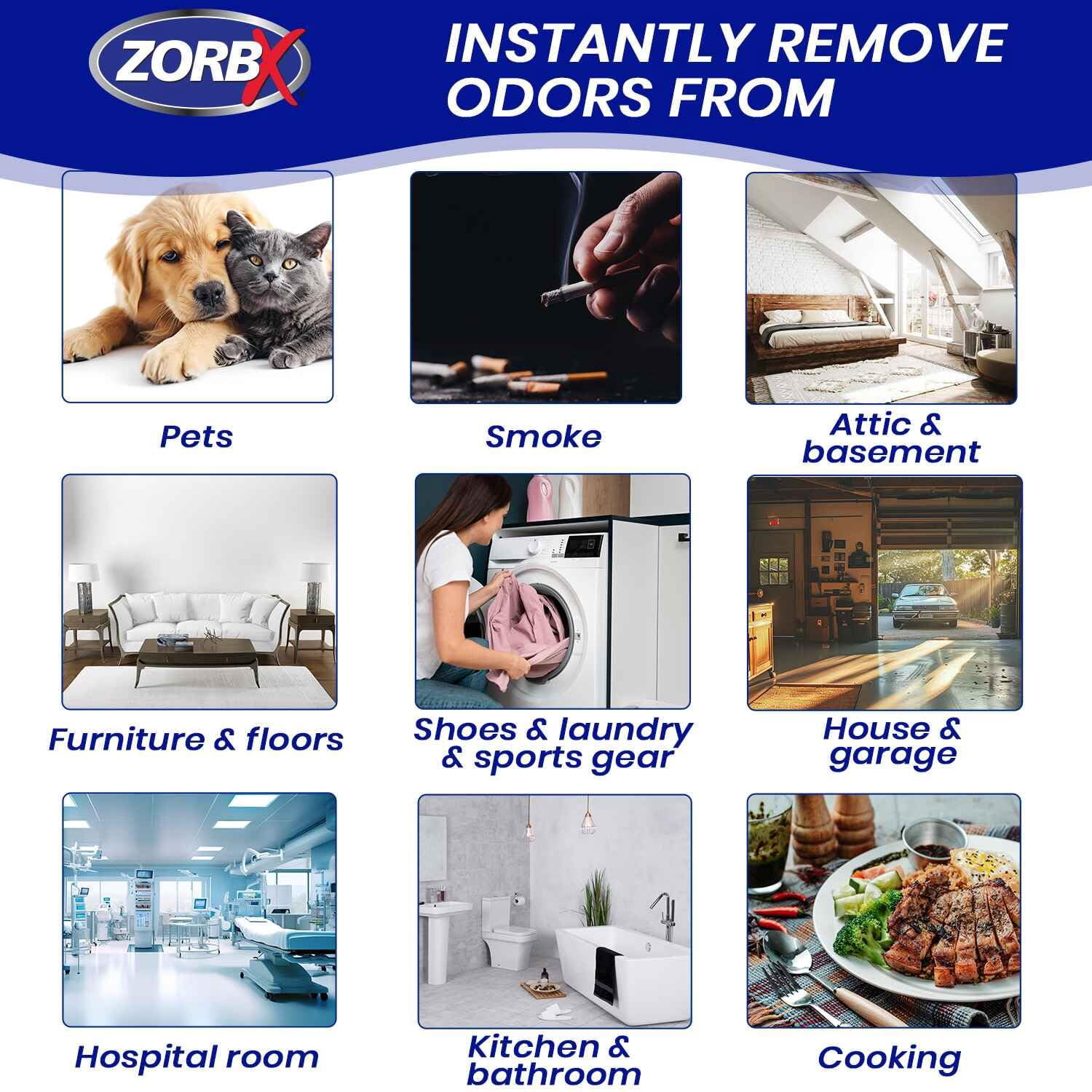 ZORBX Unscented Odor Eliminator Spray for Hospitals & Healthcare – Dog, Cat, Car & Carpet Deodorizer (16oz + 64oz)