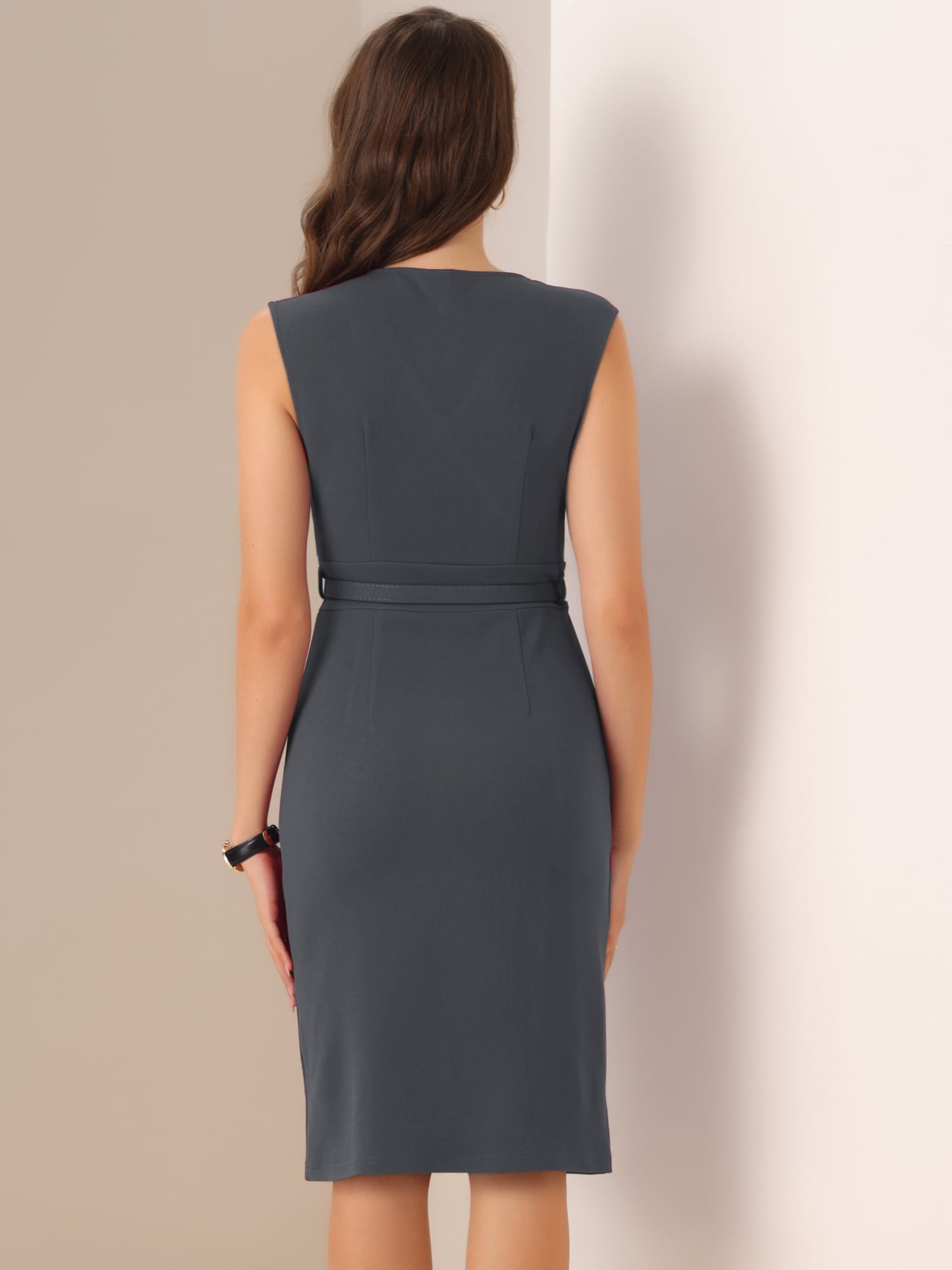 DARING DIVA Pencil Sleeveless Wrap V Neck Belted Office Dresses L Dark Gray