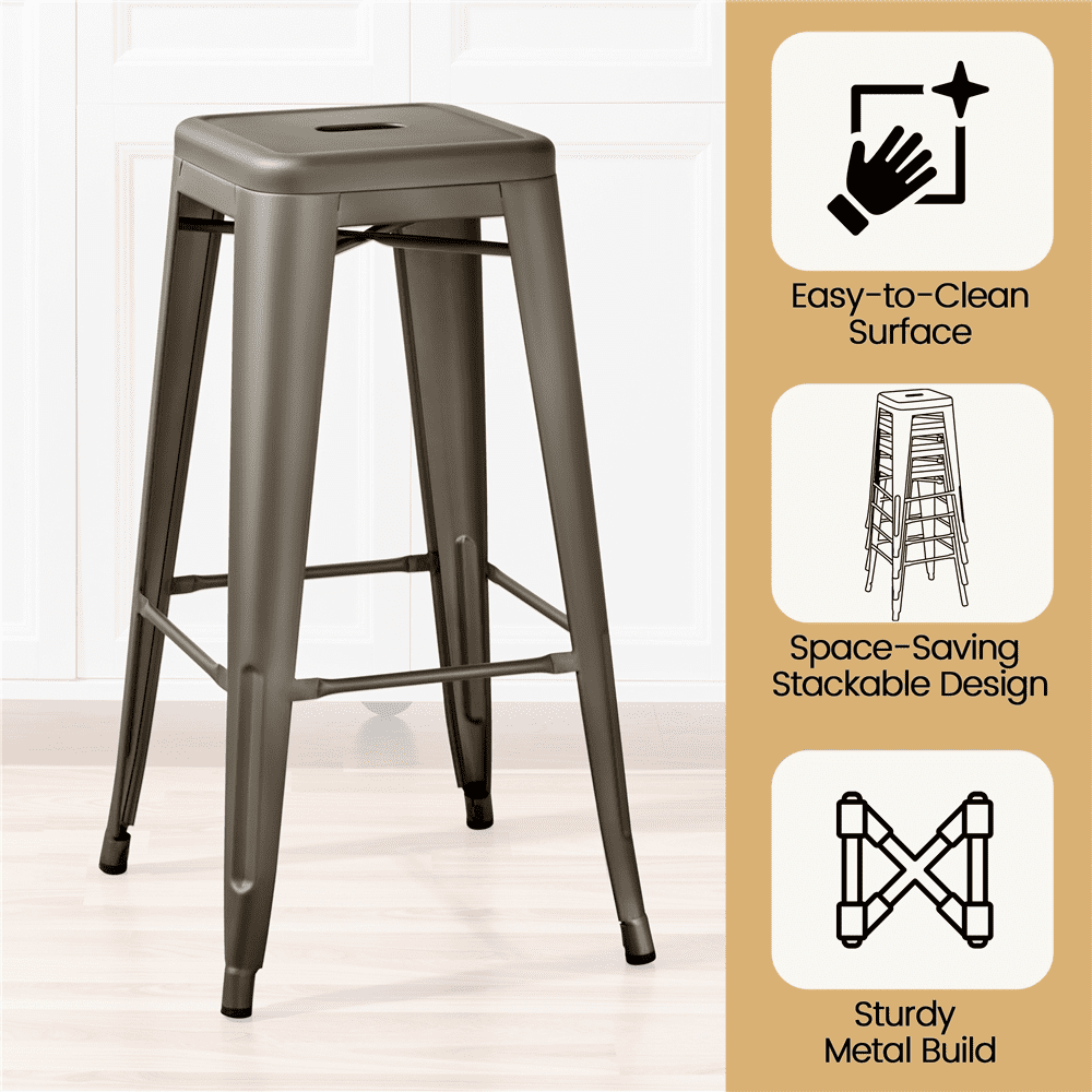 Alden Design Industrial Metal 30" Stackable Backless Bar Height Stools Set of 4, Gunmetal Gray