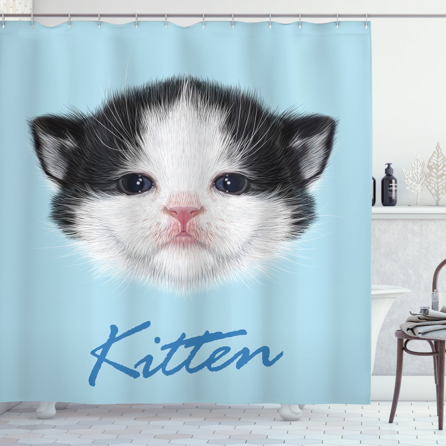 Cartoon Decor Shower Curtain Set, Kitten Shower Curtain