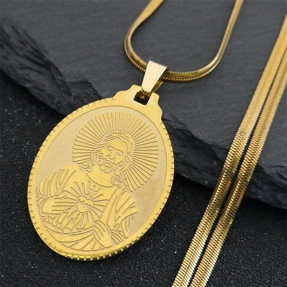 Catholic Sacred Heart of Jesus Medal Pendant Necklace Women Men 14K Yellow Gold Religious Necklaces Jewelry