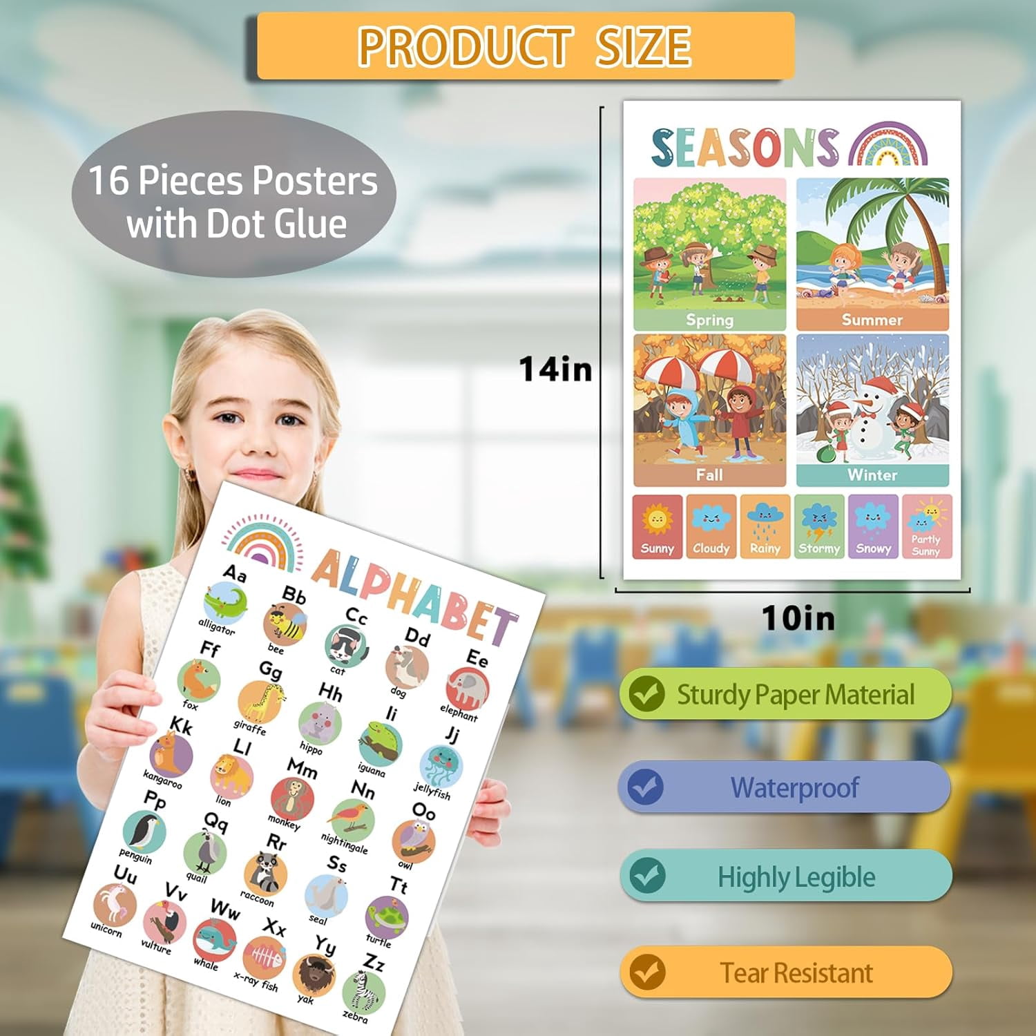16Pcs Educational Posters for Toddlers 1-3, Learning Posters for Toddlers 1-3, ABC Poster for Kids Ages 3-5, Preschool Posters 1 2 3 Year Old, Kindergarten Homeschool Classroom Must Haves Wall Decor