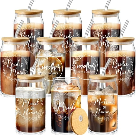 10 Pcs Bridesmaid Gifts Bridesmaid Proposal Gifts 16 Oz Cute Can Shaped Drinking Glasses with Bamboo Lids and Glass Straw Iced Coffee Cup Mason Jar Cups for Engagement Wedding Bridal Shower