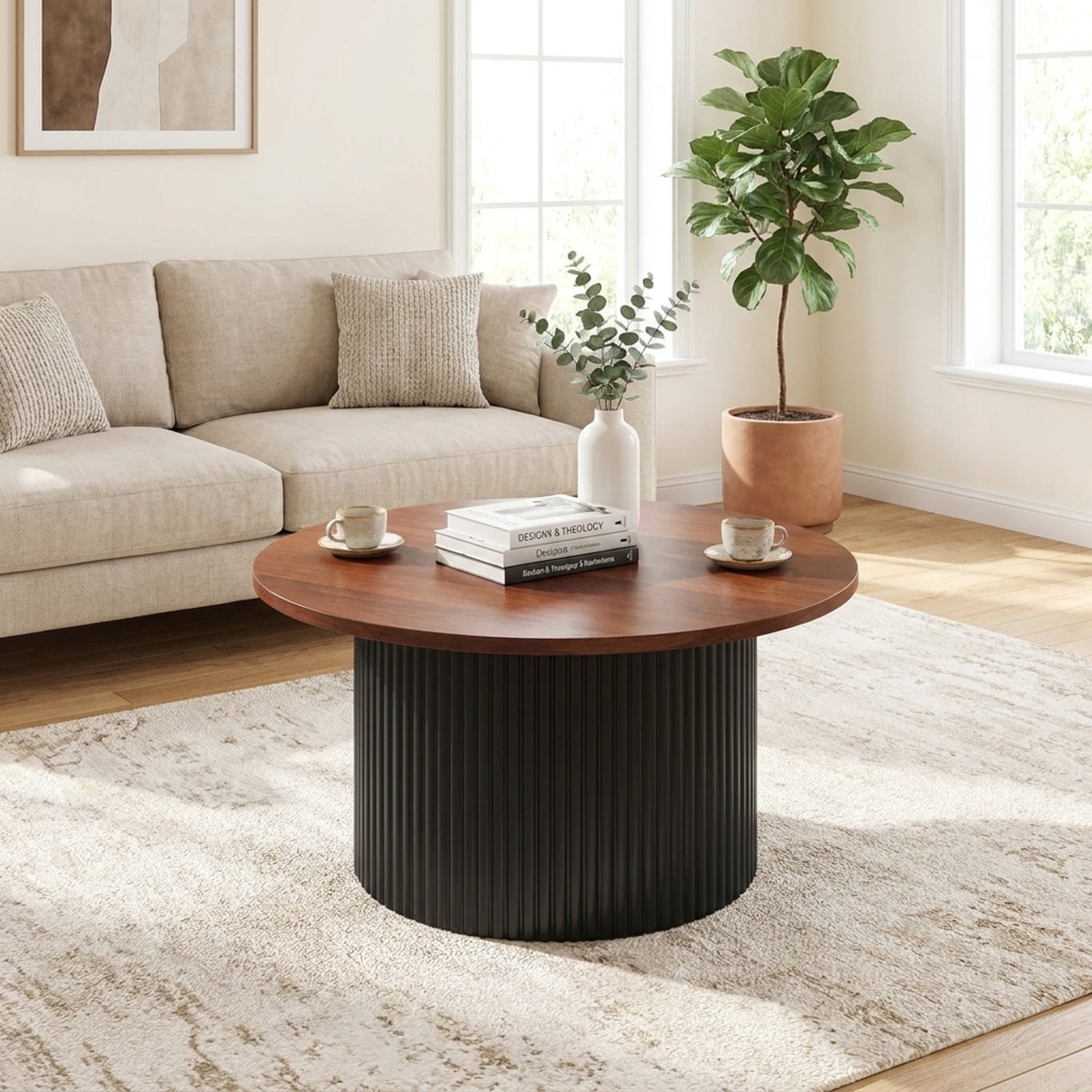 Furnibear Round Coffee Table with Solid Wood Frame and Wooden Top for Living Room and Reception Room 32 Inch Center Table, Walnut