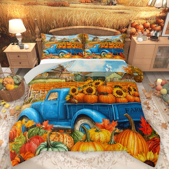Homewish Botanical Sunflower Pumpkin 2pcs Bedding Comforter Set For Teens Boys Girls,Blue Truck Twin Comforter Sets,Happy Autumn Harvest Breathable Bedding Set,Lightweight Room Decor,Reversible