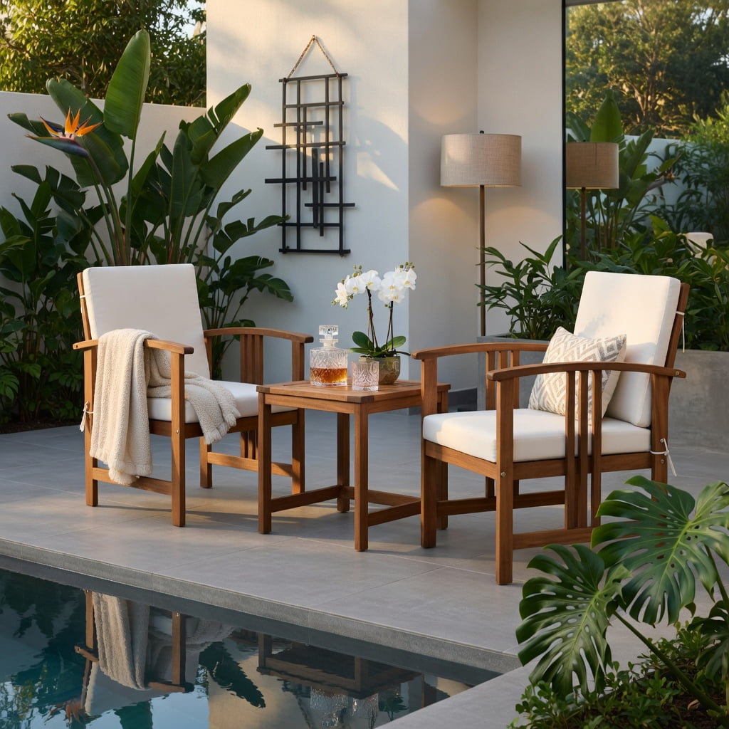 Hommoo 3-Piece Acacia Wood Outdoor Patio Sofa Set, Cushioned Garden Seating for Patio, Poolside & Backyard, White