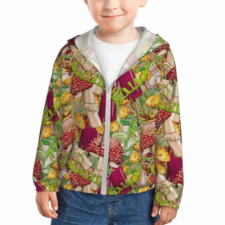 

Rash Guard for Boys Girls - Bright Mushrooms print Lightweight Long Sleeve Sun Protection Jacket Hooded Cooling Swim Shirt with Zipper for Toddler Kids Children