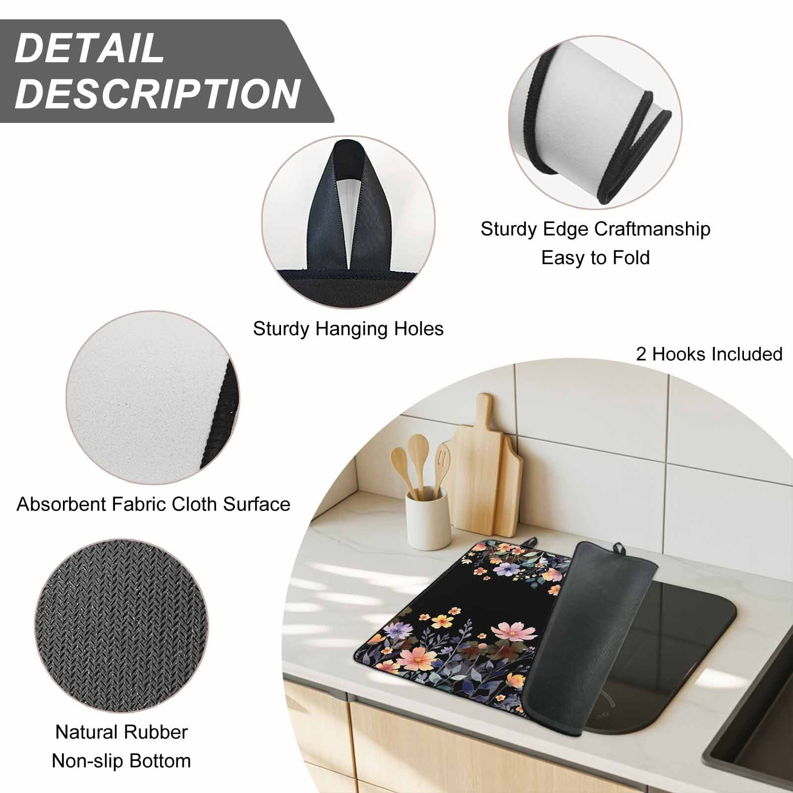 Black Spring Floral Stove Top Cover for Electric Stove, Heat-proof & Non Slip Glass Top Stove Cover Protector, Elegant Flowers Farmhouse Botanical Kitchen Flat Cooktop Rubber Mat 24x21 Inches