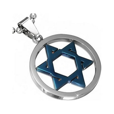Stainless Steel Silver-Tone Blue Jewish Star of David Charm Pendant Necklace with Chain, 24"