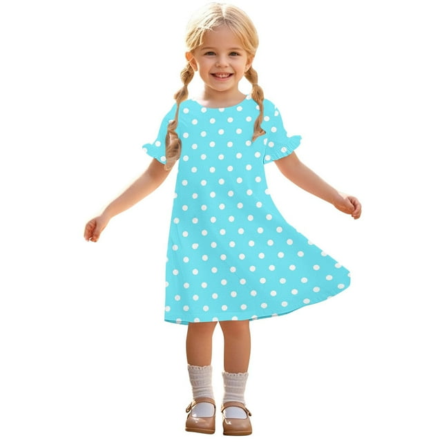 Zpanxa Robes d'Été pour Filles Décontractées à Manches Courtes Col Rond Imprimé Robe en Polyester Spandex Bleu Ciel 6 Ans