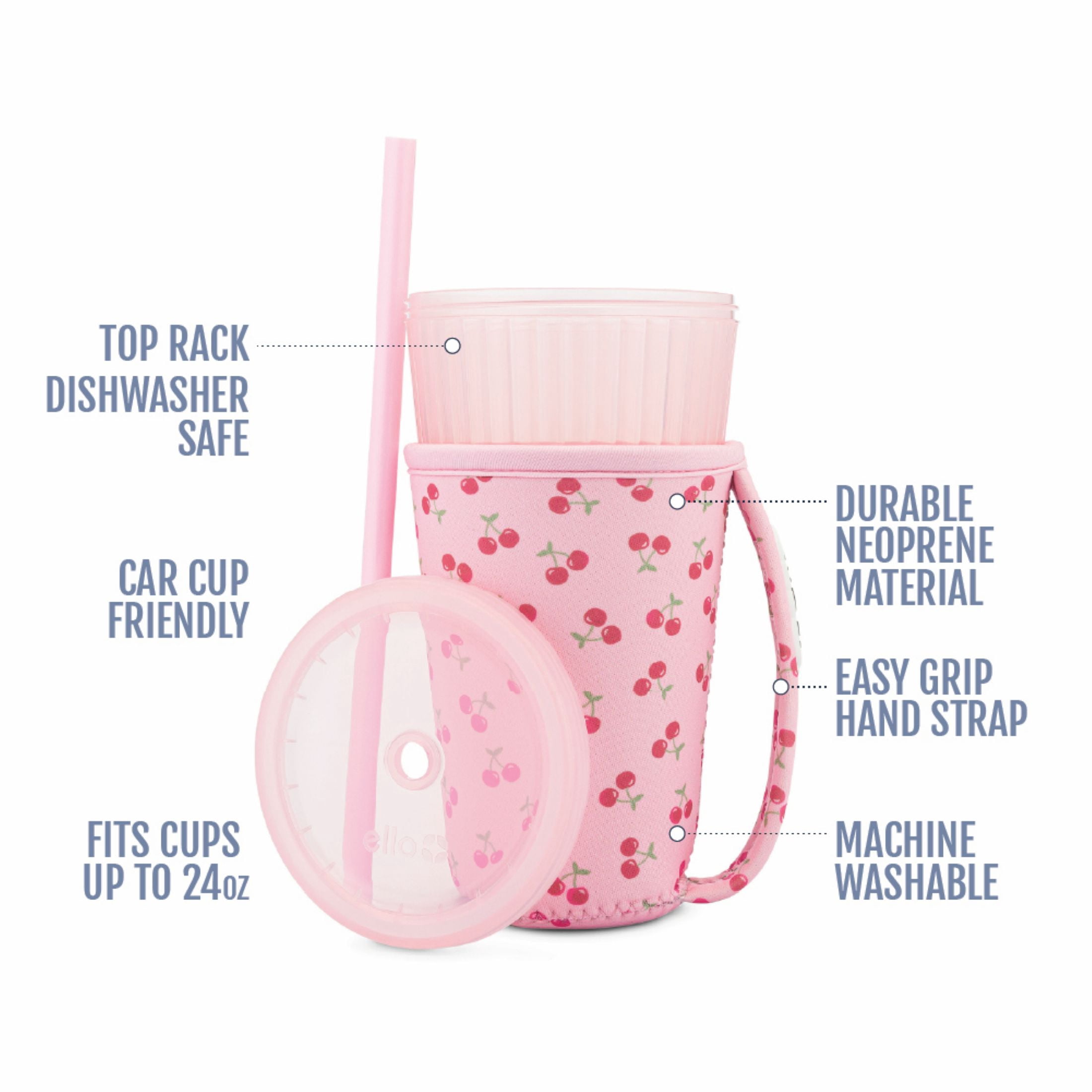 Ello Iced Coffee Cooler, 24oz Reusable Coffee Tumbler with Straw Lid and Neoprene Sleeve, Car Cup Friendly, BPA-Free, Pink Cherries