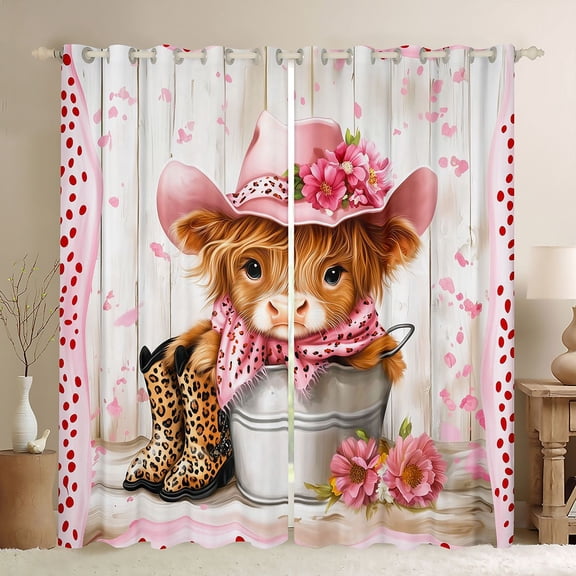 Homewish Teenagers Floral Animal Highland Cow Black Out Curtains,Western Cowgirl Curtains Pack of 2 (42x63 Each),Leopard Print Boots Hat Bedroom Curtains,Vinatge Cabin Breathable Home Decor