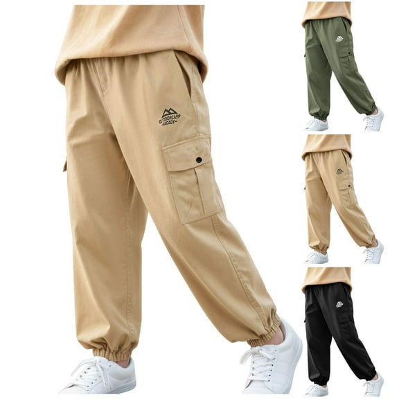 Teen Boys Baggy Cargo Pants Drawsting Straight Wide Leg Elastic Waist Casual Pants Solid Daily Trendy 24m Pants For Girls 7-8