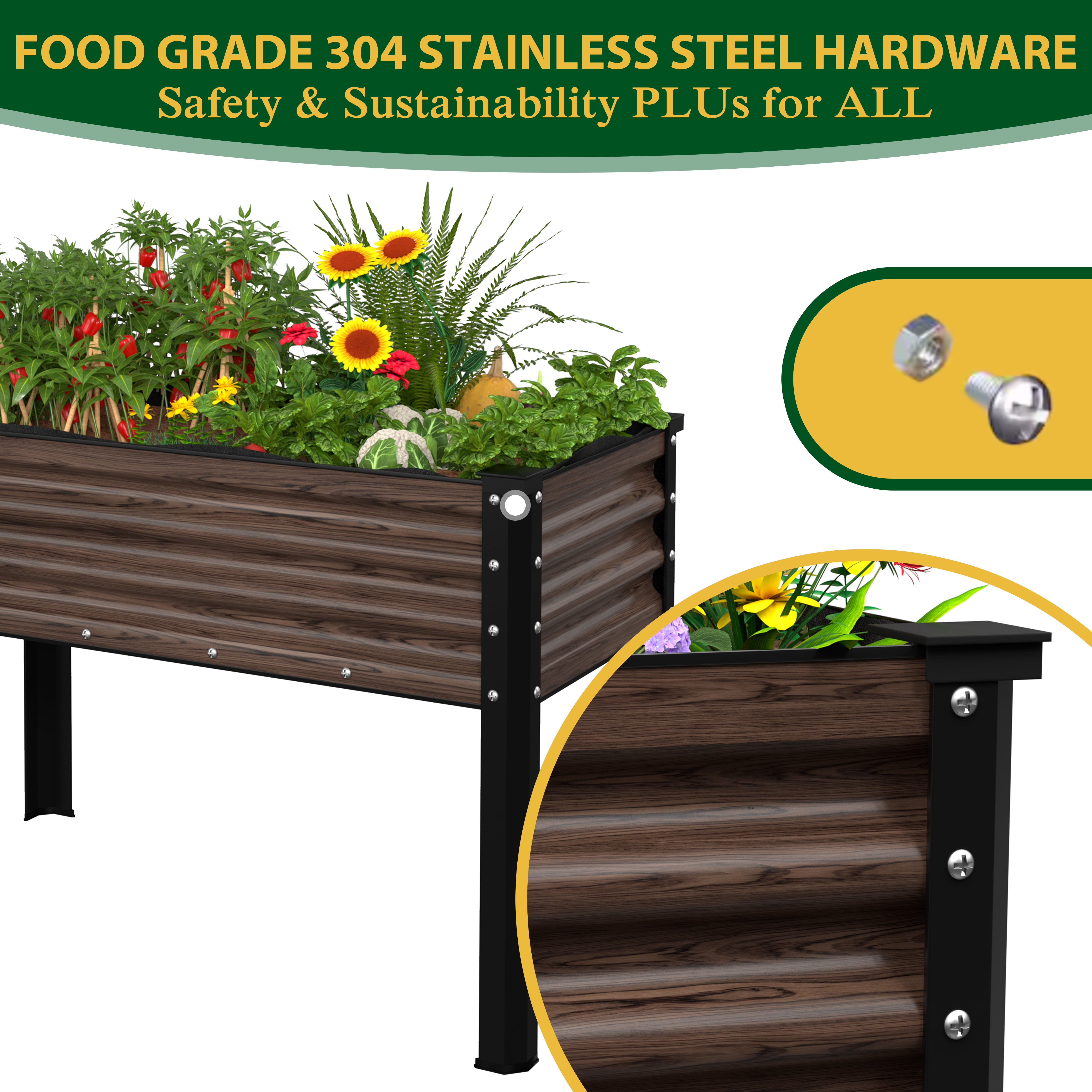 VEIKOUS 48"L×23"W×32"H Galvanized Steel Raised Garden Bed W/Drainage, Liner & Corner Protectors, Rustic