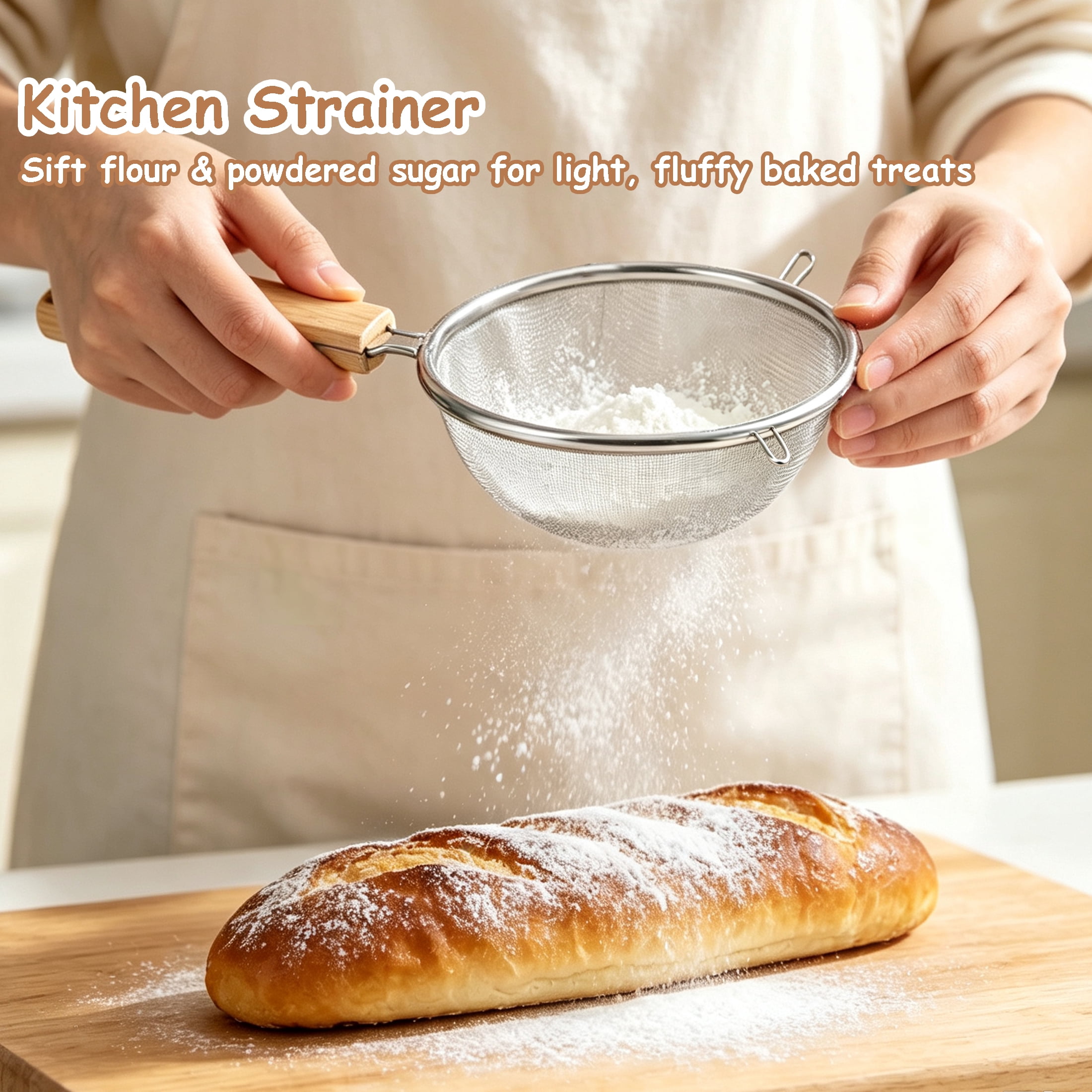 3 Pack Fine Mesh Strainer Set, Stainless Steel Kitchen Sieve Colander with Wooden Handle & Double Non‑Slip Hooks, 5/5.5/6.3 Inch Metal Sifters for Baking, Flour, Tea, Fruits, Frying Food