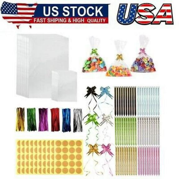 200pcs Cellophane Bags,Clear 30x20/10x15cm,Large Cellophane Bags with 200Metal