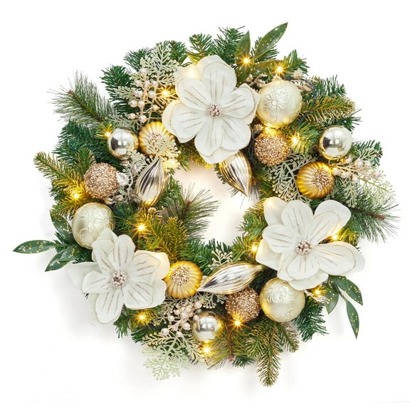 Huisuilinss Pre-Lit Christmas Wreath,24" Lighted Christmas Wreath,Battery Operated Xmas Wreaths With Magnolia Flower,Gold Ball Ornamants,LED Lights,Winter Wreath For Front Door Window Wall,1PCS