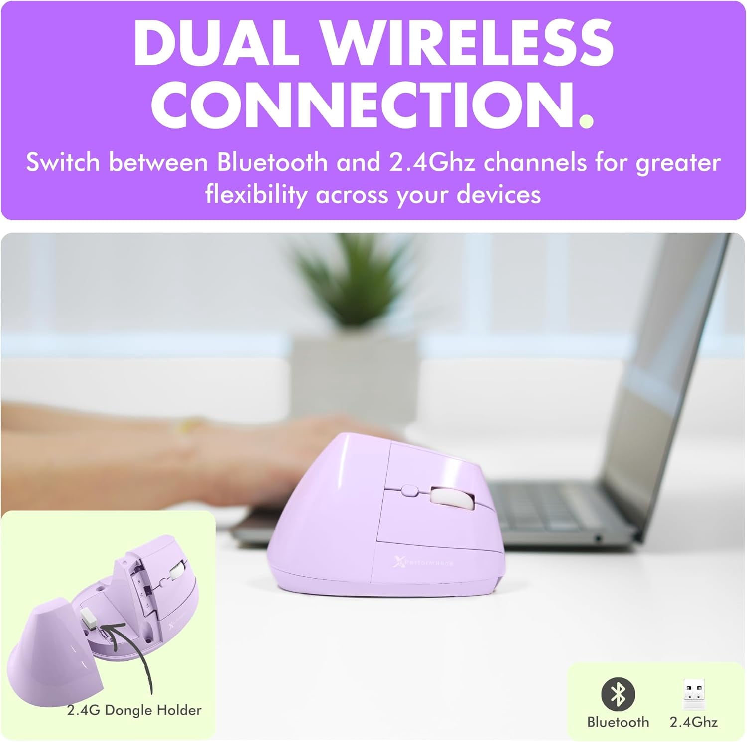 X9 Performance Wireless Vertical Ergonomic Mouse - (BT + 2.4Ghz) - Click in Comfort - Up to 4000 DPI, 6 Button, Rechargeable - Bluetooth Ergonomic Vertical Mouse Wireless - For Mac and PC - Purple
