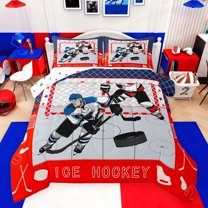 jejeloiu Ice Hockey Gamer Bedding Comforter Set,Hockey Sport Game Twin Comforter Sets,Red Blue Gray Bedding Set For Girls Boys,Luxury Bedroom Decor Reversible,2 Pieces