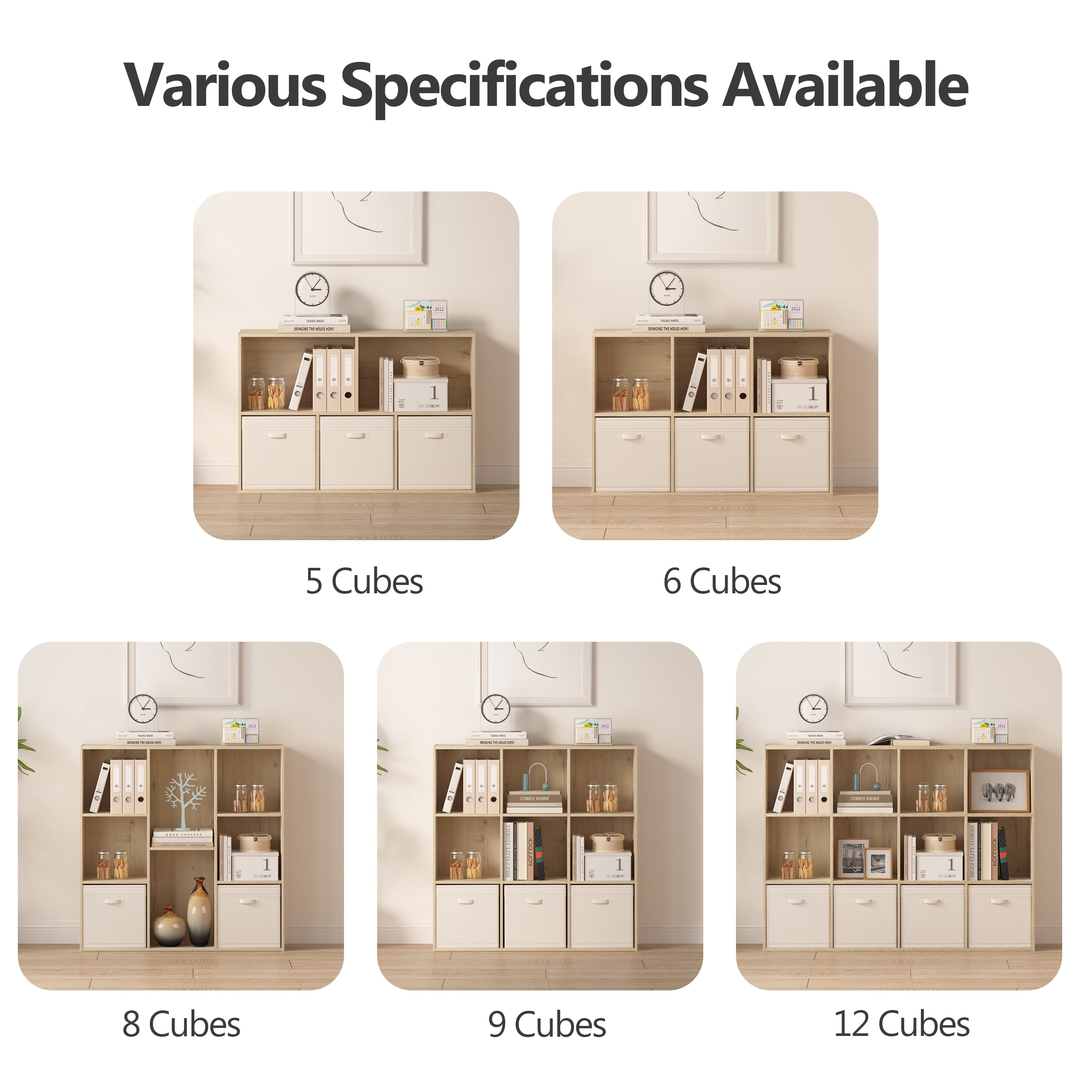 Jpiziso 5 Cube Storage Organizer 35.98"x 9.45" x 24.09" Bookcases with Closed Back for Home Office, Living Room, Bed Room White Oak